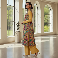 Secret Solutions Exclusive - 'Golden Majesty' Raw Silk Suit with Intricate Floral Gown Embroidery