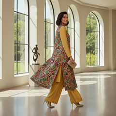 Secret Solutions Exclusive - 'Golden Majesty' Raw Silk Suit with Intricate Floral Gown Embroidery