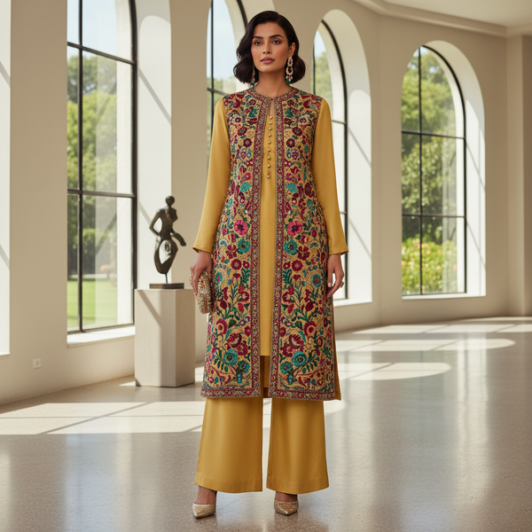 Secret Solutions Exclusive - 'Golden Majesty' Raw Silk Suit with Intricate Floral Gown Embroidery